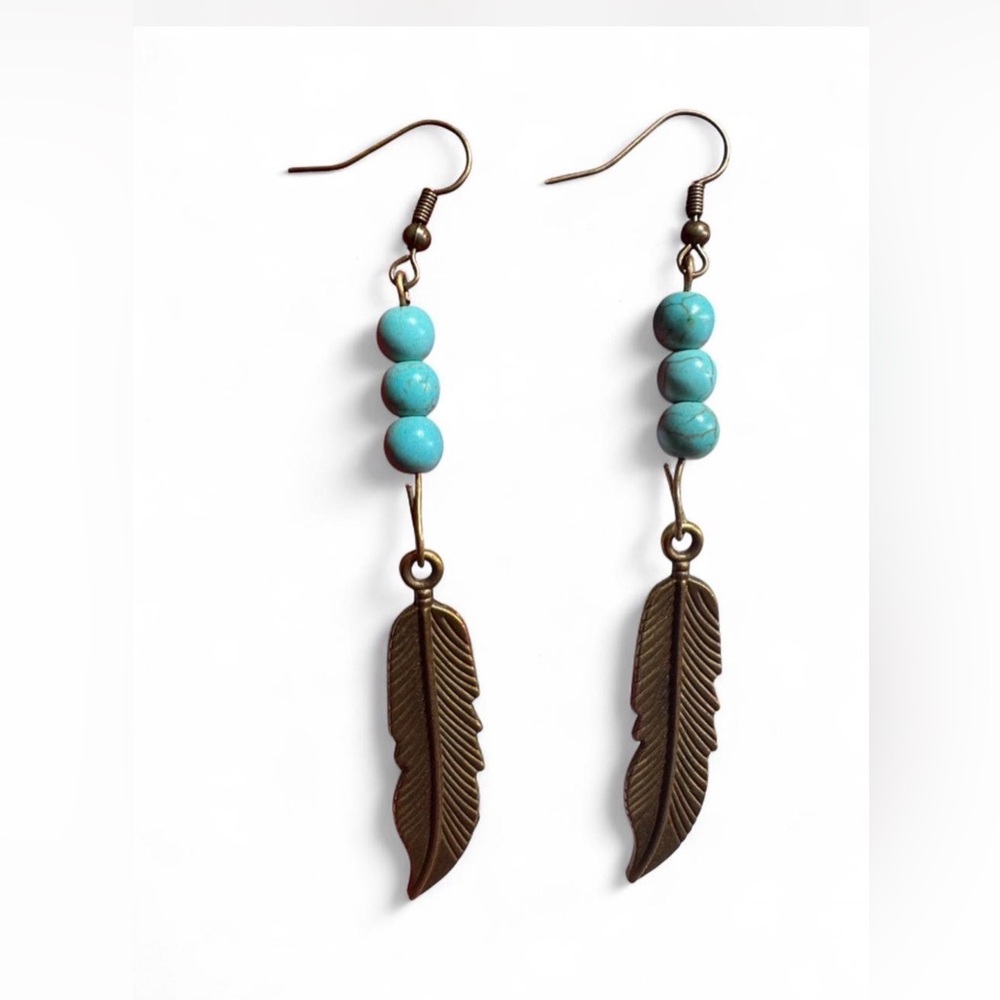 Handmade Bronze Feather & Turquoise Dangle Earrings